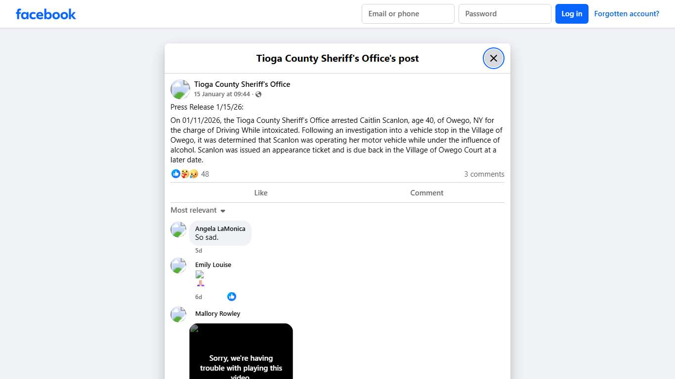 Press Release 1/15/26: On... - Tioga County Sheriff's Office Facebook